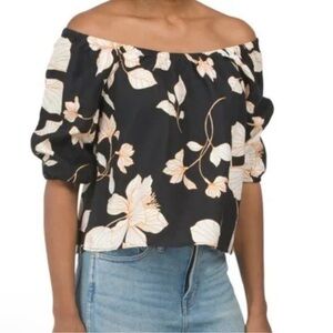 Cynthia Rowley 100 % Linen Top Small Black Cream Floral Off Shoulder Crop Resort